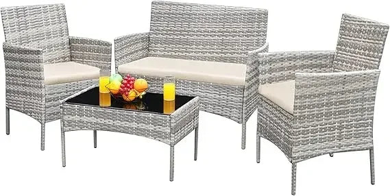 4-Piece Outdoor Patio Furniture Set, Wicker Rattan Conversation Set for Garden, Backyard & Balcony