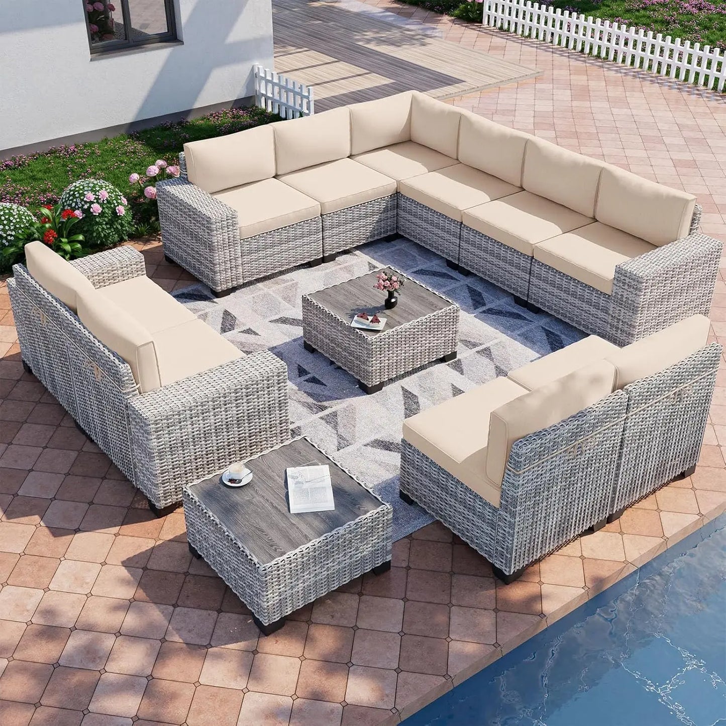 12-Piece Outdoor Wicker Patio Furniture Set, Sectional Sofa Conversation Set with Thick Cushions & Side Table