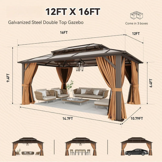 12'x16' Hardtop Gazebo, Outdoor Metal Gazebo with Double Polycarbonate Roof Canopy, Permanent Pavilion with Netting, Customized to Your Liking