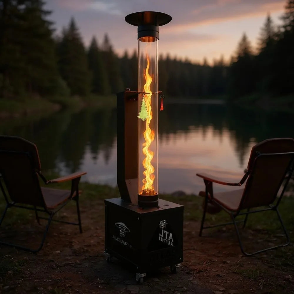 Portable Wood Pellet Patio Heater with Smokeless Flame, Wheels & Easy Cleanout.