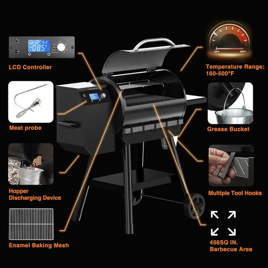 Wood Pellet Smoker Grill with 456 Sq. In. Cooking Area, Auto Feed, 8-in-1 BBQ, Meat Probe & Side Table