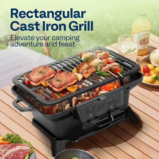 VIVOHOME Rectangular Cast Iron Charcoal Grill – Portable Tabletop with Stainless Steel Double-Sided Grate