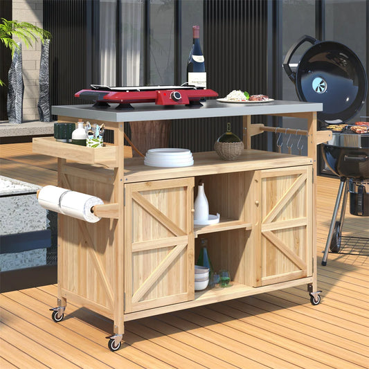 Portable Bar Tables- Outdoor Grill Prep Table with Storage- Tabletop Spice Rack- Internal Storage Racks- 4 Locking Mobile Wheels