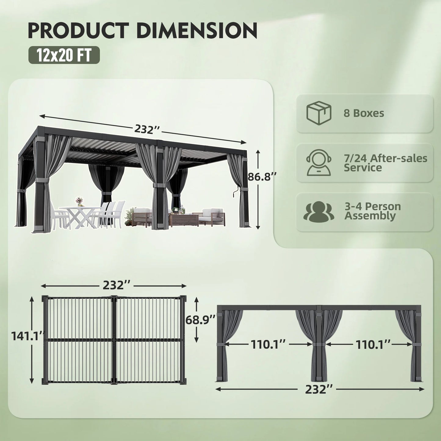 VIWAT Louvered Aluminum Pergola with Waterproof Roof, All-Weather Rust-Resistant Design (10' x 12' / 12' x 20')