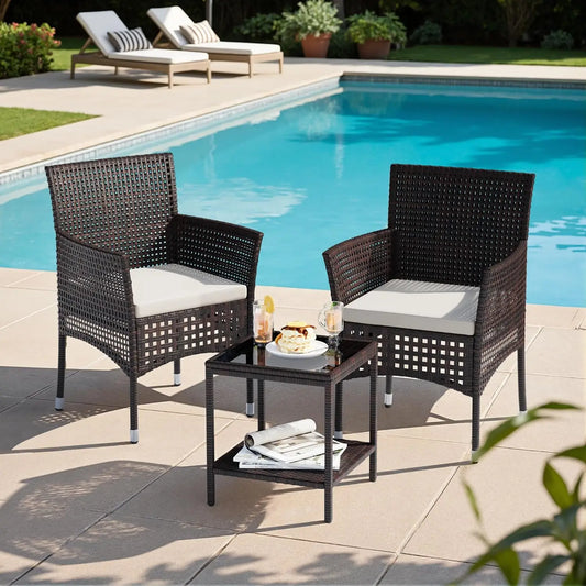 3-Piece Outdoor Patio Furniture Set, Brown/Grey, Wicker Chairs with Glass-Top Coffee Table, for Garden, Balcony & Porch