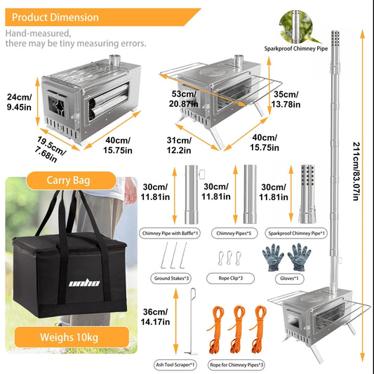 Portable Wood Burning Stove – Stainless Steel Outdoor Cooking Heater with 7 Chimney Pipes