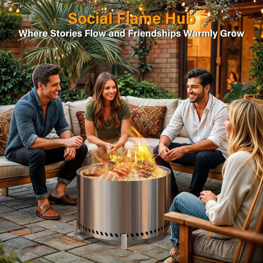 27.5" Smokeless Firepit with Stand & Grill Rack, Large Stainless Steel Wood Burning Fire Pit for Friends & Family Gatherings