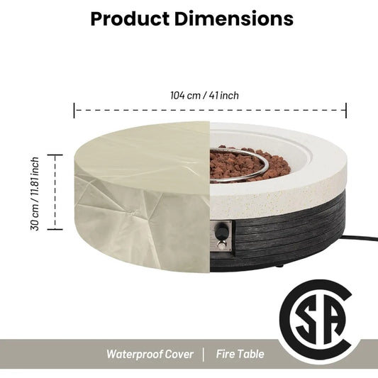41" Round Propane Fire Pit Table, Black & White Magnesium Oxide Design, 50000 BTU, Heat, CSA Certified, Includes Lava Rocks