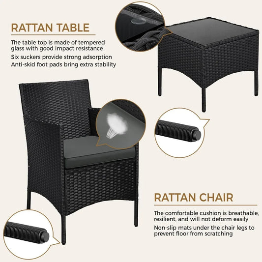 3-Piece Outdoor Patio Furniture Set, PE Rattan Wicker Conversation Set with Soft Cushions & Glass Coffee Table