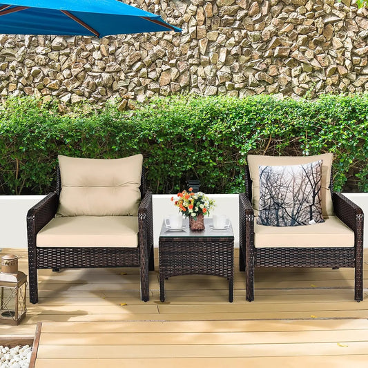 3-Piece Outdoor PE Rattan Bistro Set with Cushions, All-Weather Design