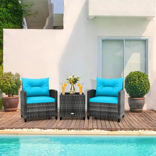 Outdoor Wicker Bistro Set – 2 Cushioned Chairs & Glass Table in Gray & Turquoise for Patio, Balcony & Poolside