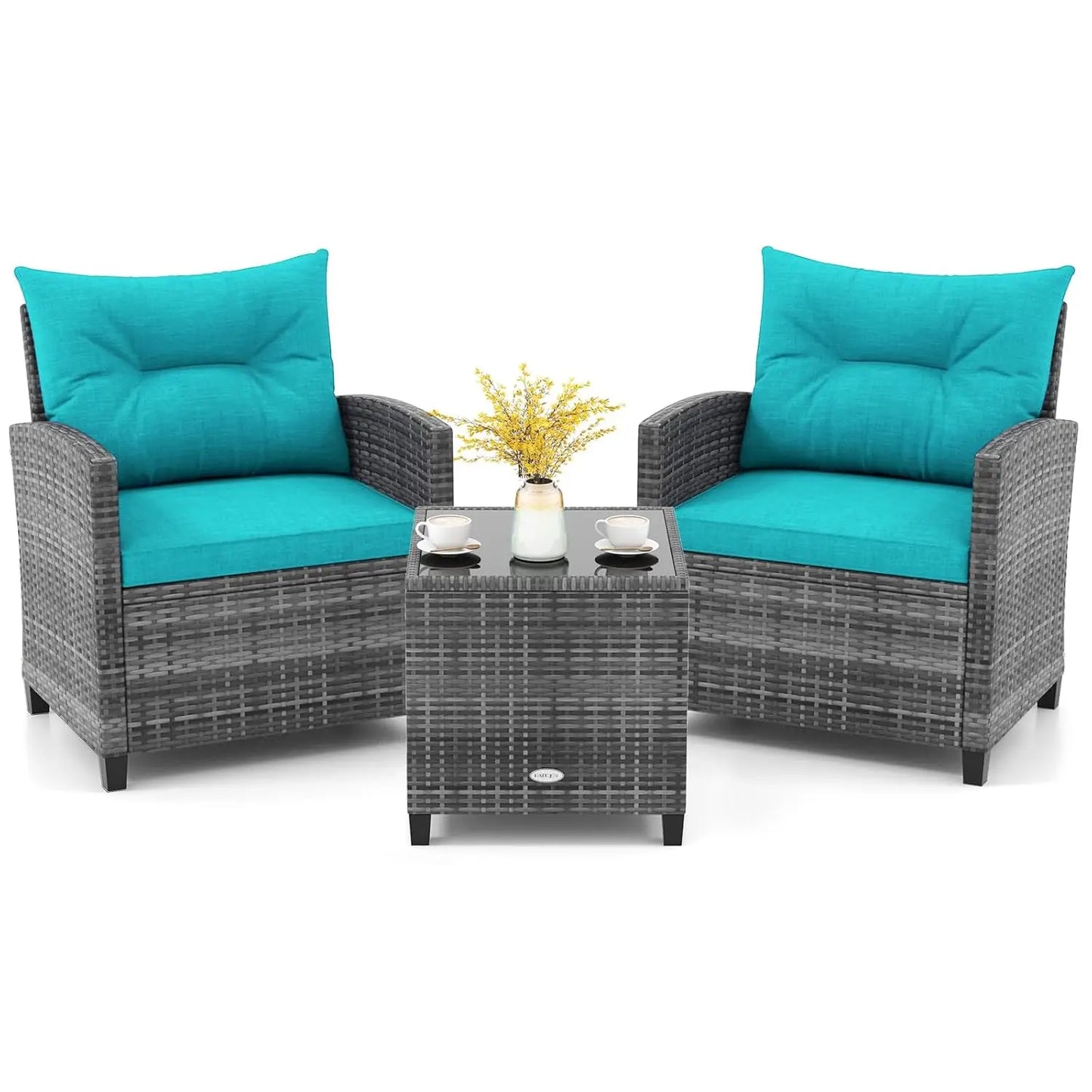 3-Piece Patio Rattan Conversation Set with Washable Cushions & Glass Table