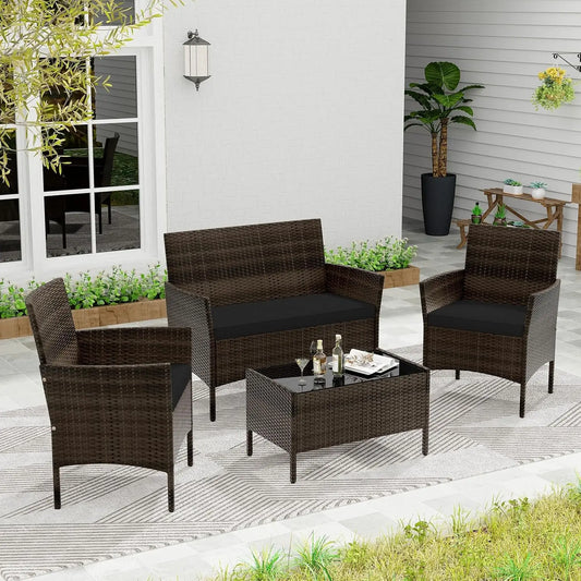 4-Piece Outdoor Rattan Patio Set – Conversation Set with Loveseat, Wicker Chairs & Tempered Glass Coffee Table