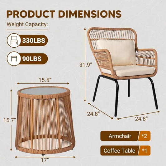 3-Piece Outdoor Wicker Bistro Set, 2 Rattan Chairs with Tempered Glass Table
