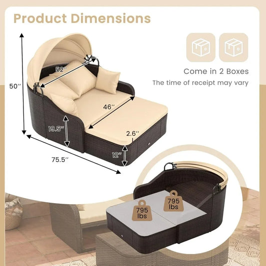 Outdoor Daybed with Retractable Canopy – PE Rattan Double Chaise Lounge with Pillows