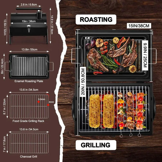 Portable Charcoal Grill Outdoor BBQ Folding Mini Smoker with Roasting Plate & Adjustable Grate