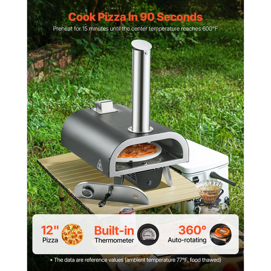 SucceBuy 12" Wood-Fired Outdoor Pizza Oven – Electric Rotation with Built-In Thermometer.