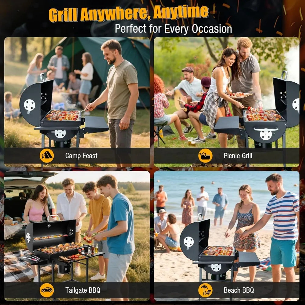 Luxury Barrel BBQ Grill & Smoker with Side Table for Backyard Cooking