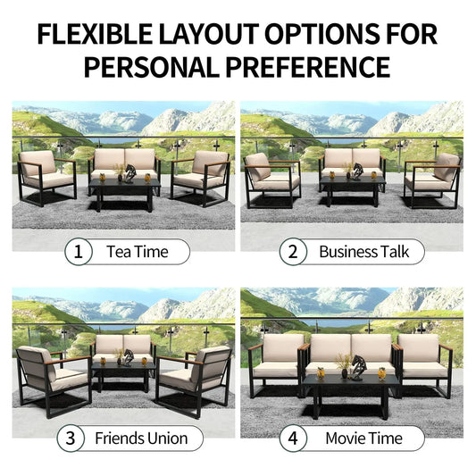 4-Piece Outdoor Patio Set, Metal Conversation Sofa with Washable Cushions, 2 Chairs & Coffee Table for Garden & Balcony