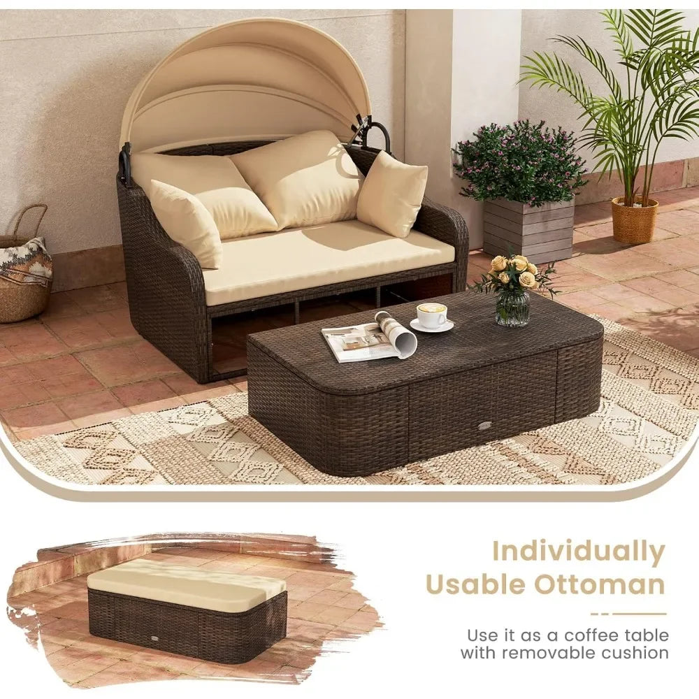 Outdoor Daybed with Retractable Canopy – PE Rattan Double Chaise Lounge with Pillows
