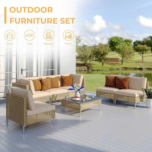 7-Piece Boho Wicker Patio Set – Outdoor Sectional Sofa with Thick Cushions & Coffee Table