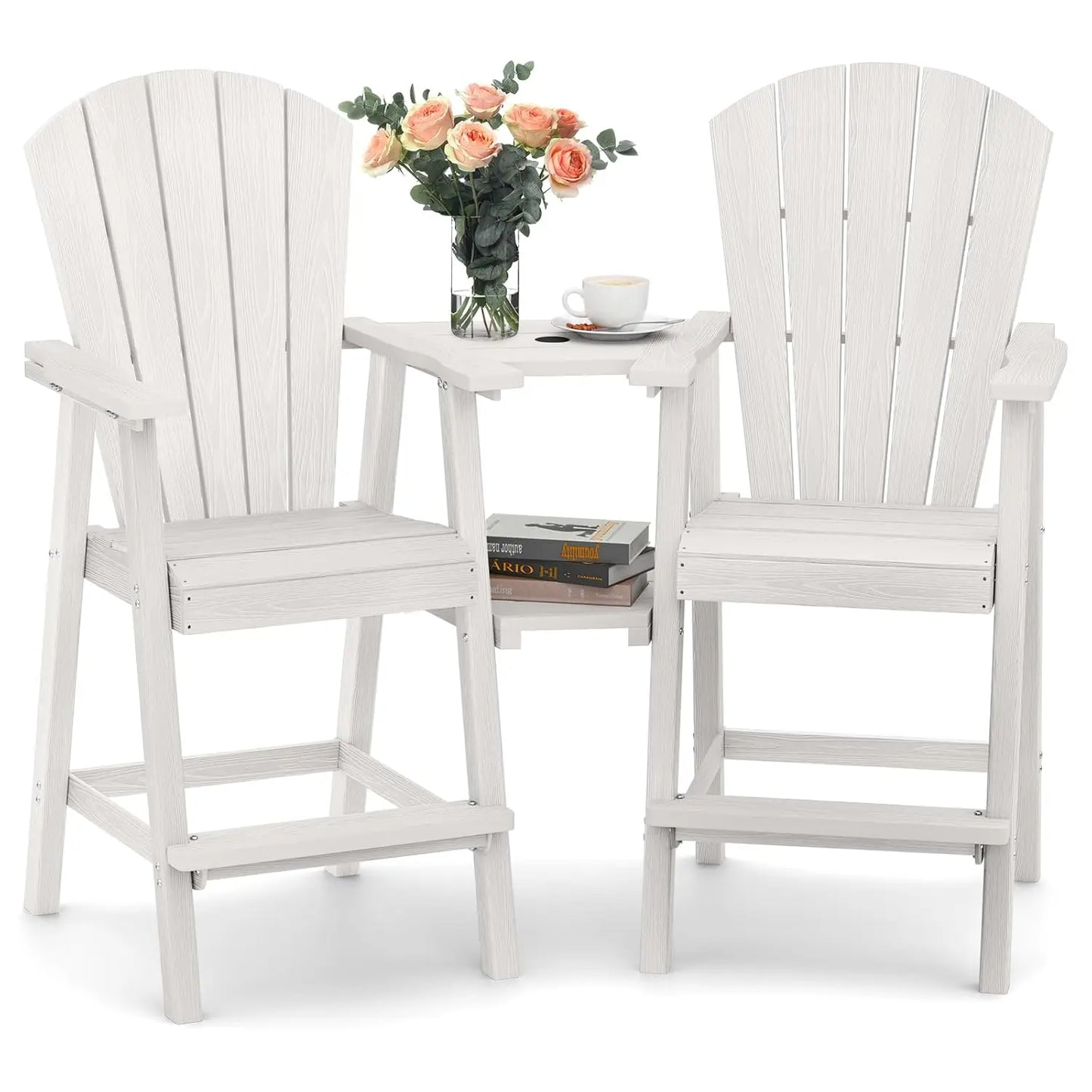 Set of 2 HDPE Tall Adirondack Chairs with Connecting Tray, All-Weather Design