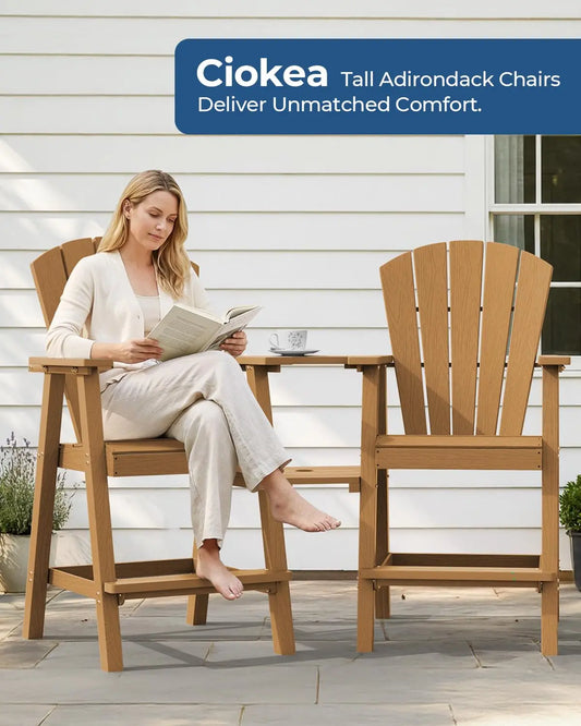 Set of 2 HDPE Tall Adirondack Chairs with Connecting Tray, All-Weather Design