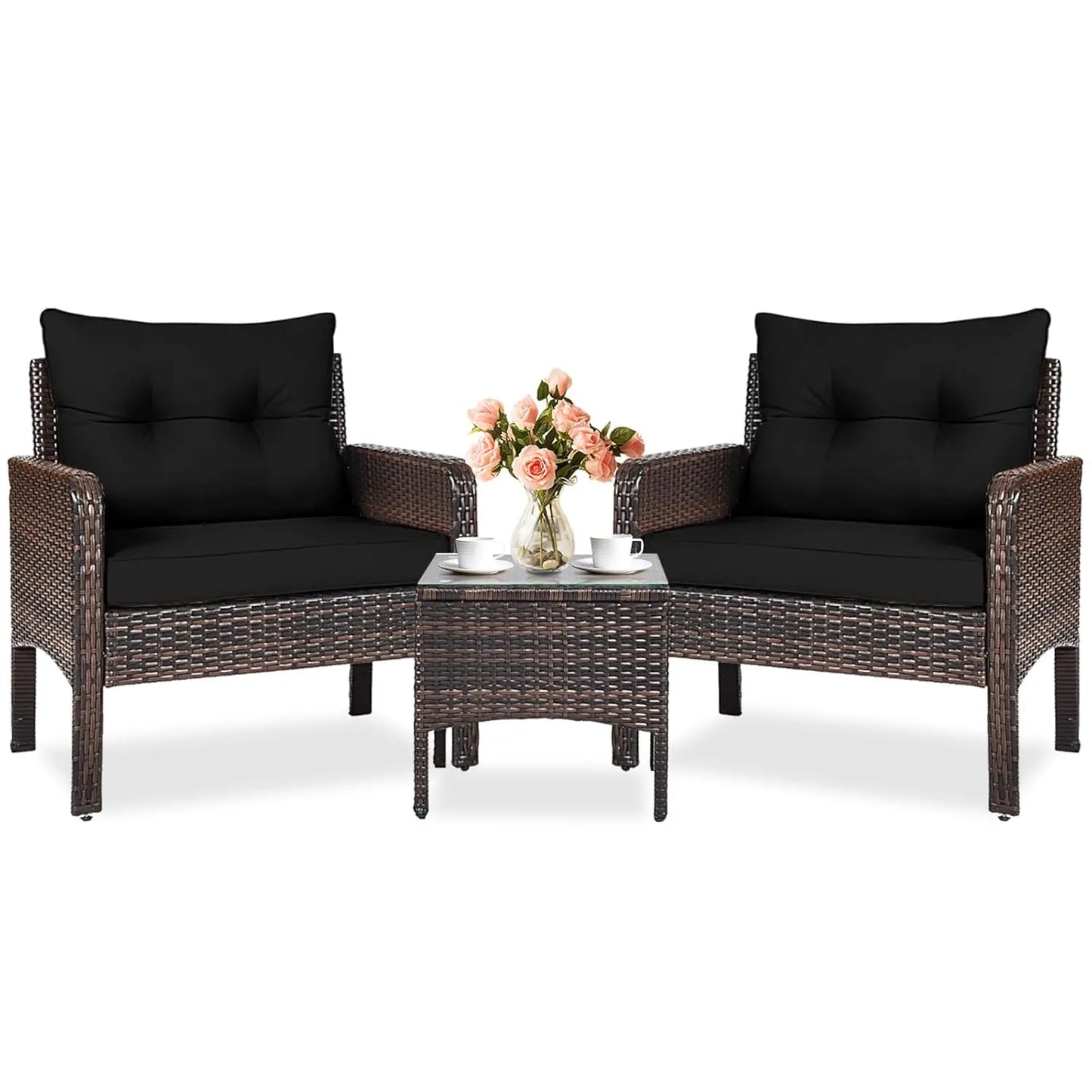 3-Piece Outdoor PE Rattan Bistro Set with Cushions, All-Weather Design