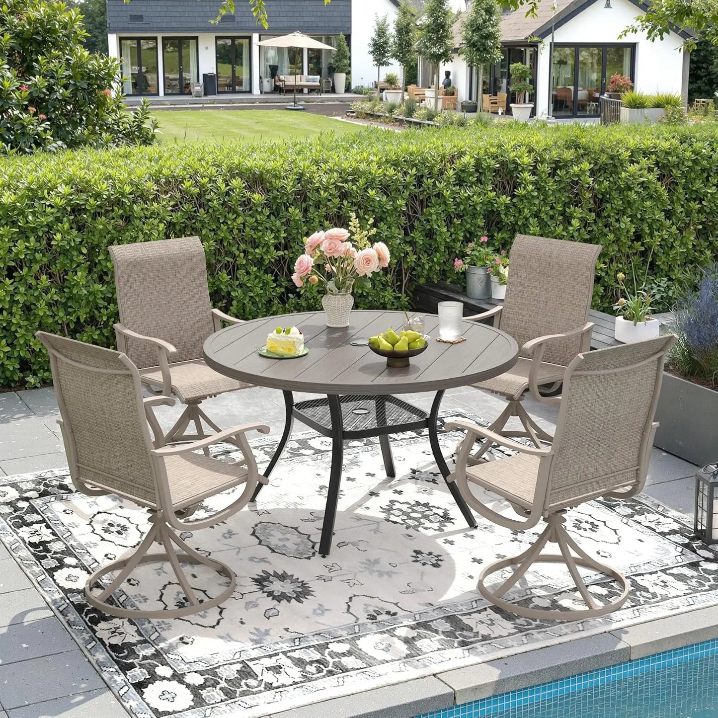 5-Piece Outdoor Dining Set with Textilene Swivel Chairs & 40.6" Round Metal Table