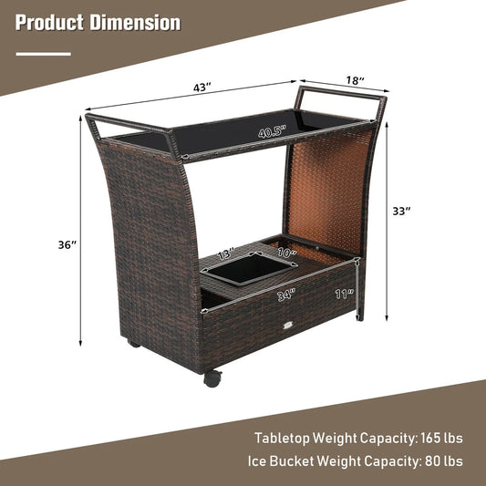 Rattan Patio Bar Cart- Beverage Bar Counter Table w/ Wheels & Ice Bucket