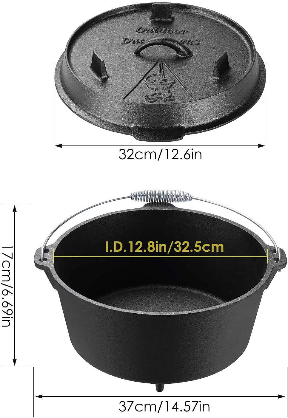 Cast Iron Dutch Oven (5/9/12.5 Qt) – Outdoor Camping Pot for Stew, Soup, BBQ & Picnic Cooking