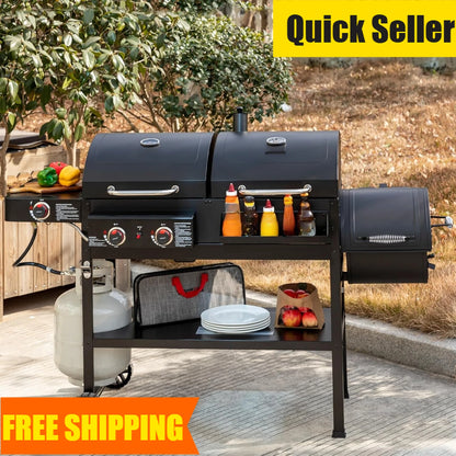 2-Burner Gas & Charcoal Grill Combo with Offset Smoker and Side Burner, 34,000 BTU, 1020 Sq. In. Cooking Area