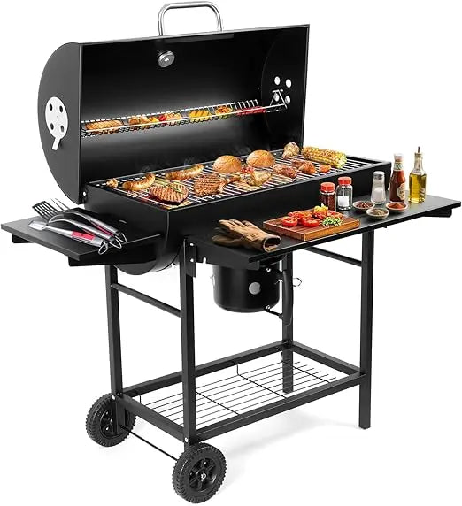 Luxury Barrel BBQ Grill & Smoker with Side Table for Backyard Cooking