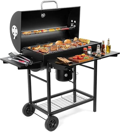 Luxury Barrel BBQ Grill & Smoker with Side Table for Backyard Cooking