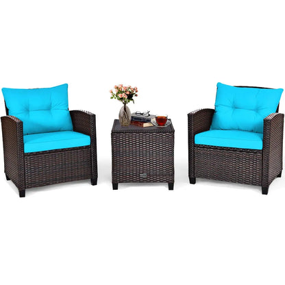 3-Piece Patio Furniture Set – PE Rattan Wicker Sofa Set with Washable Cushions & Tempered Glass Table