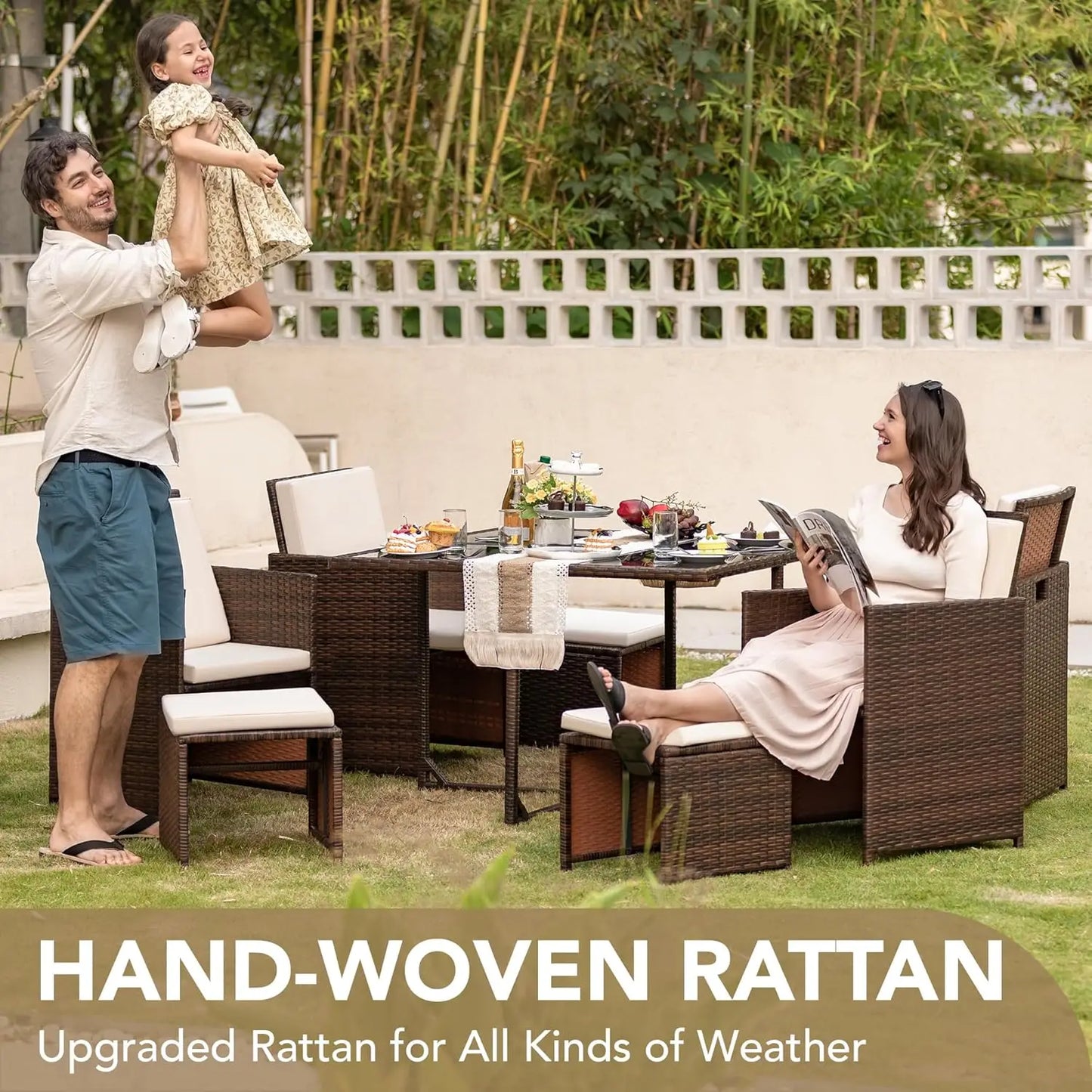 9-Piece Outdoor Rattan Patio Dining Set with Space-Saving Chairs, Glass Table & Cushions