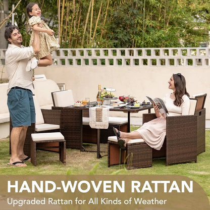 9-Piece Outdoor Rattan Patio Dining Set with Space-Saving Chairs, Glass Table & Cushions