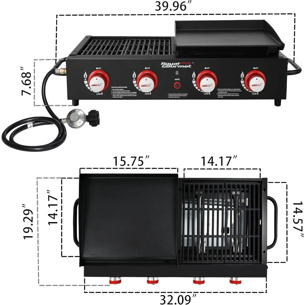 GD4002T 4-Burner Tailgater Grill and Griddle Combo, Portable Flat Top Propane Gas Grill with 40,000 BTUs Output for Backyard or Camping.