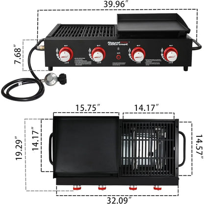 GD4002T 4-Burner Tailgater Grill and Griddle Combo, Portable Flat Top Propane Gas Grill with 40,000 BTUs Output for Backyard or Camping.
