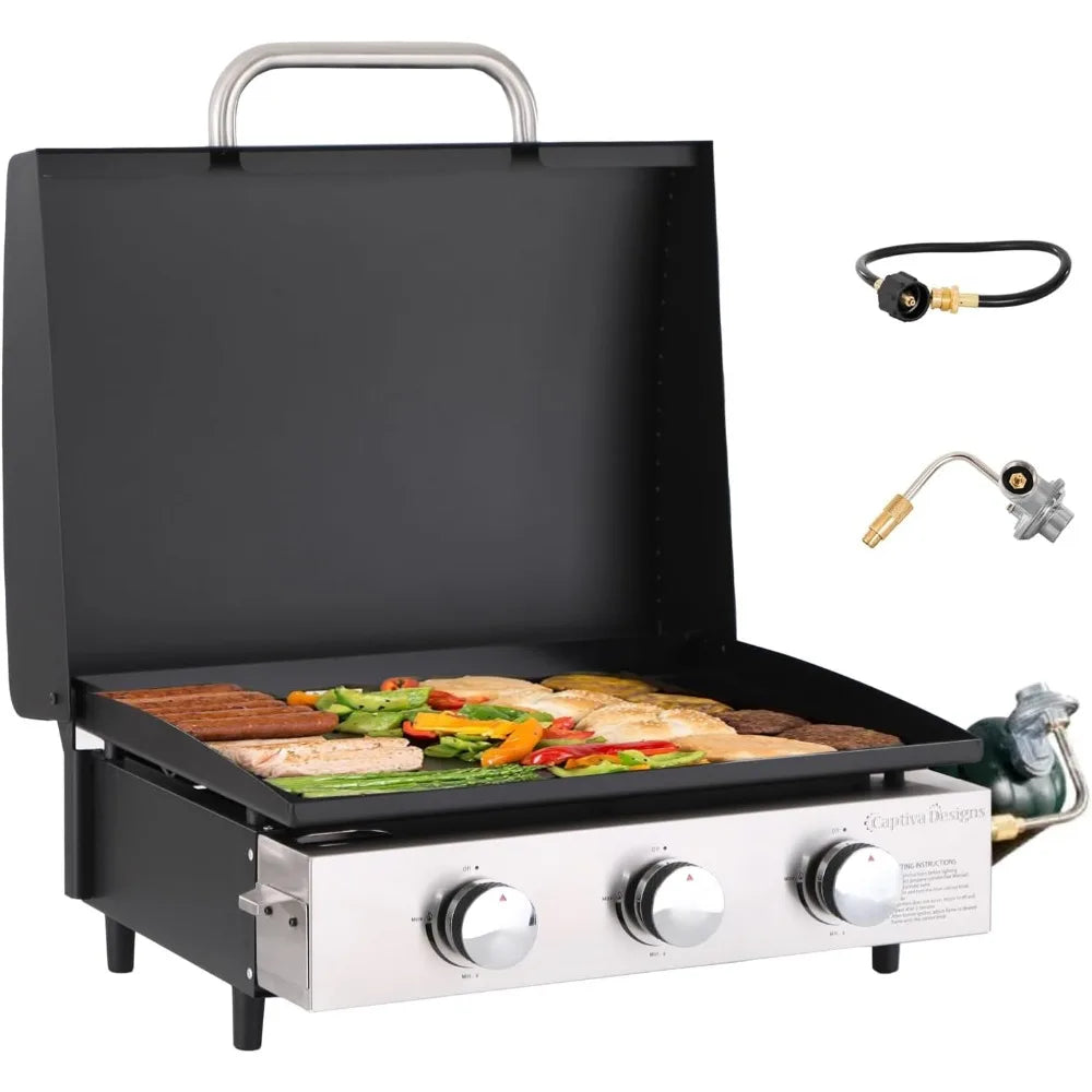 22-Inch Portable Tabletop Griddle with Hood and Ceramic Coated Cast Iron Plate, 3 Burner Flat Top Griddle, Propane Gas, BBQ Griddle.