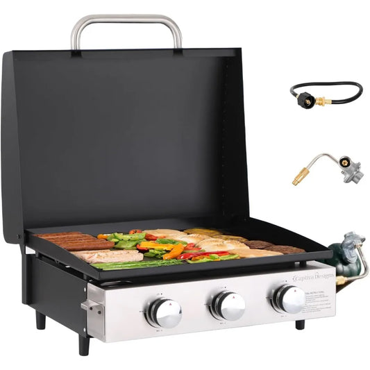 22-Inch Portable Tabletop Griddle with Hood and Ceramic Coated Cast Iron Plate, 3 Burner Flat Top Griddle, Propane Gas, BBQ Griddle.