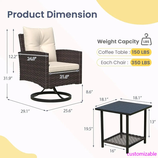 3-Piece Outdoor Patio Bistro Set, 360° Wicker Swivel Rocking Chairs with Side Table, Comfortable Outdoor Seating