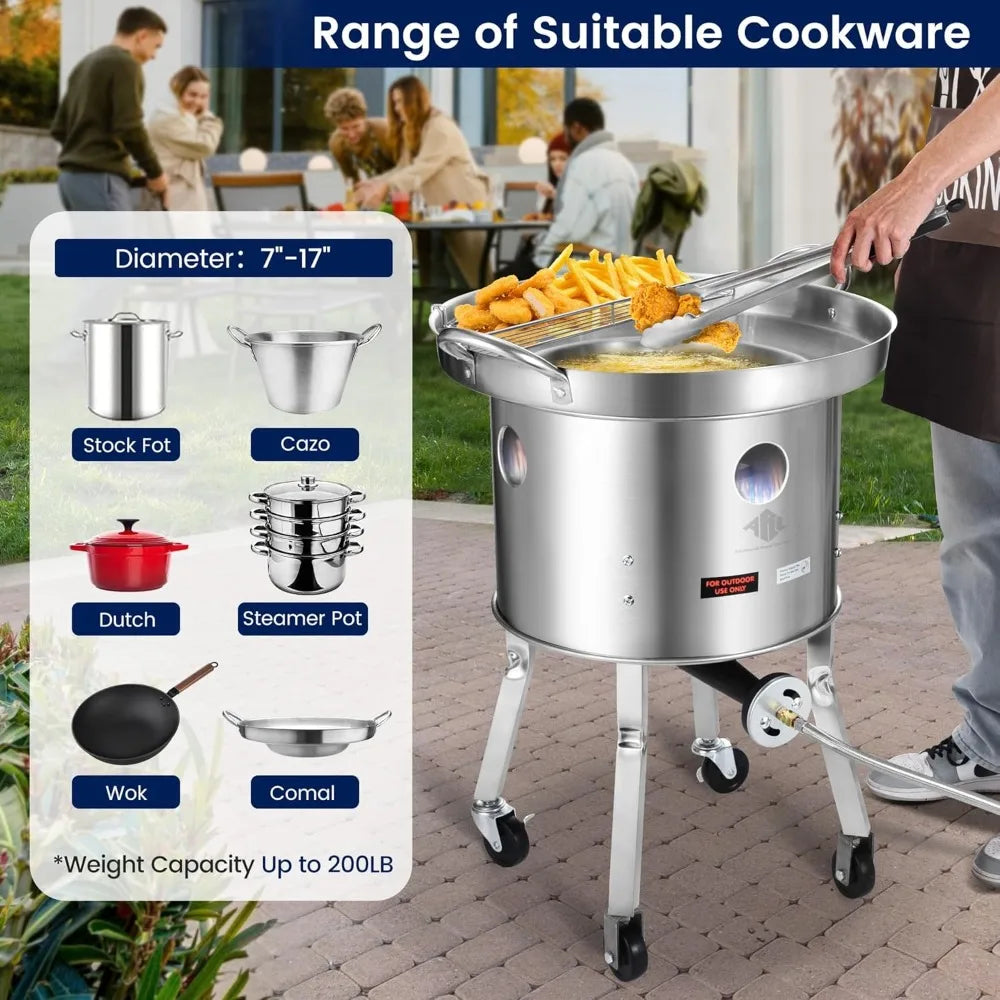 ARC Stainless Steel Propane Burner – 200,000 BTU High-Output Outdoor Stove with Wheeled Legs & 360° Windscreen