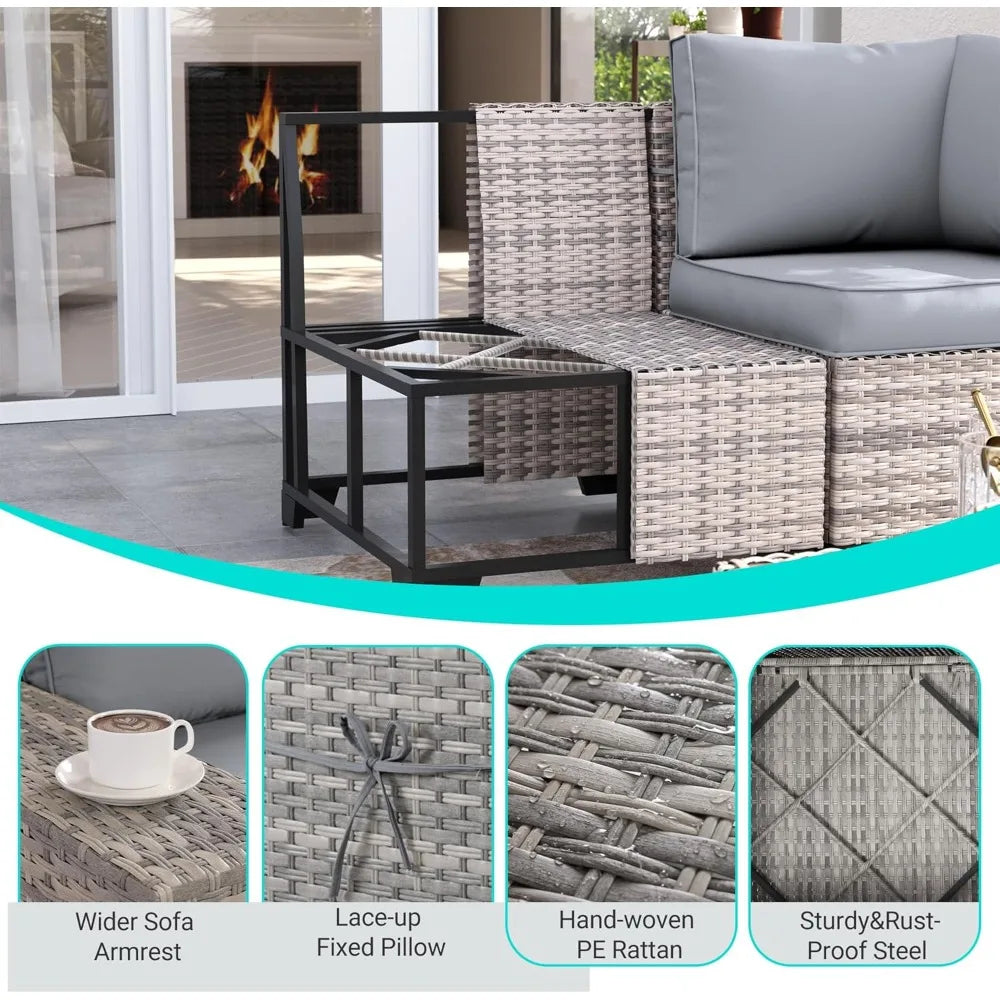 12-Piece Outdoor Wicker Patio Furniture Set, Sectional Sofa Conversation Set with Thick Cushions & Side Table