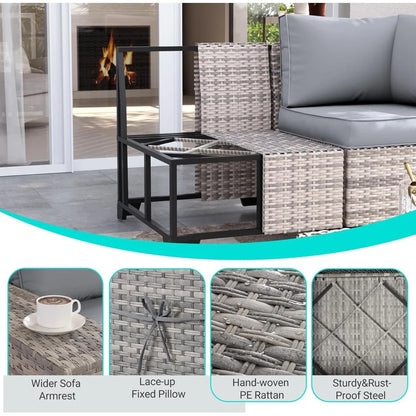 12-Piece Outdoor Wicker Patio Furniture Set, Sectional Sofa Conversation Set with Thick Cushions & Side Table