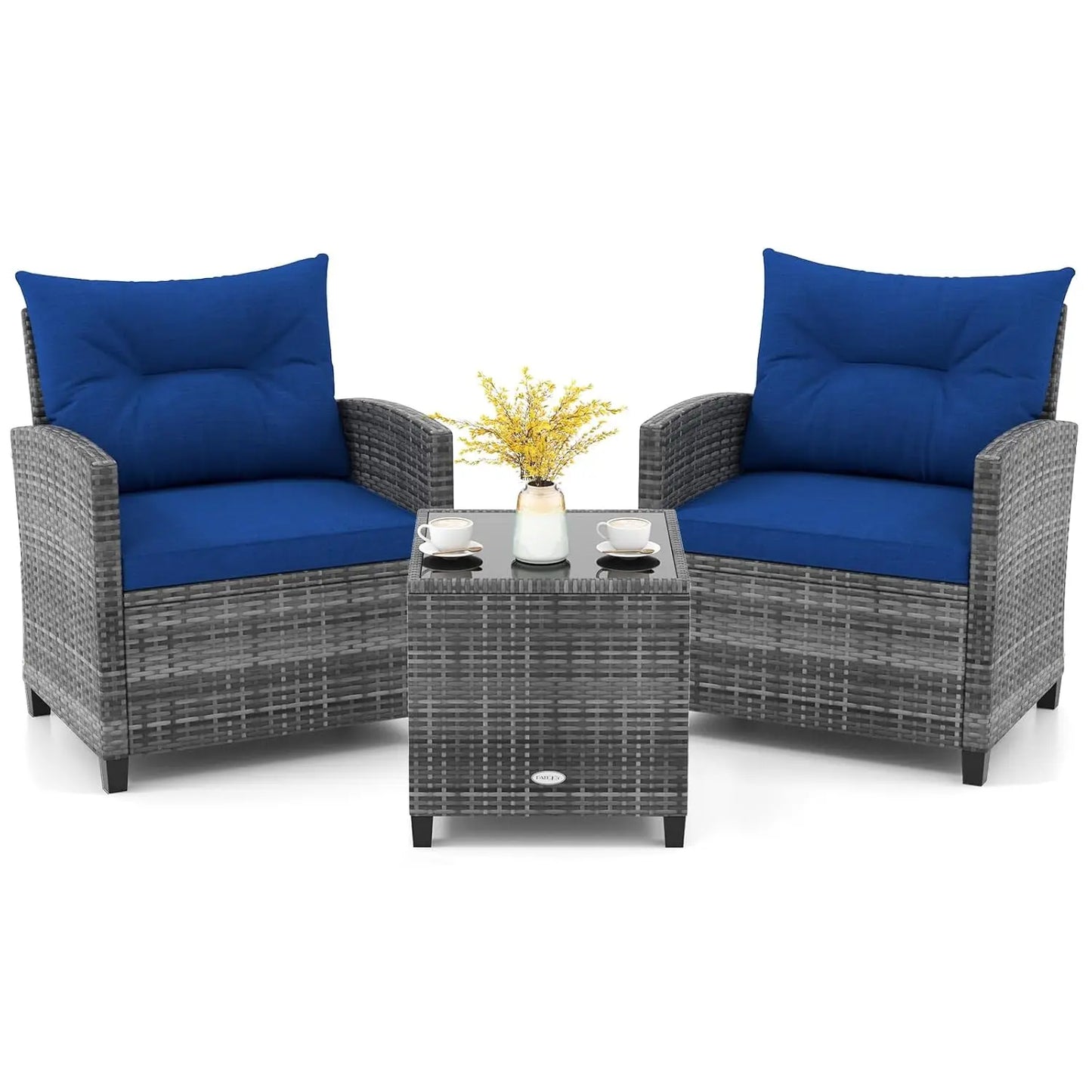 3-Piece Patio Rattan Conversation Set with Washable Cushions & Glass Table