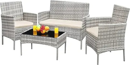4-Piece Outdoor Patio Furniture Set, Wicker Rattan Conversation Set for Garden, Backyard & Balcony