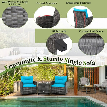 Outdoor Wicker Bistro Set – 2 Cushioned Chairs & Glass Table in Gray & Turquoise for Patio, Balcony & Poolside