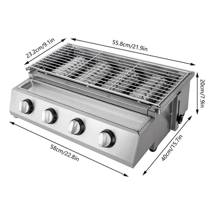Stainless Steel Smokeless Barbecue Grill, 4 Burners, Outdoor Grill, Portable BBQ LPG Gas Removable Grill for Patio Garden.