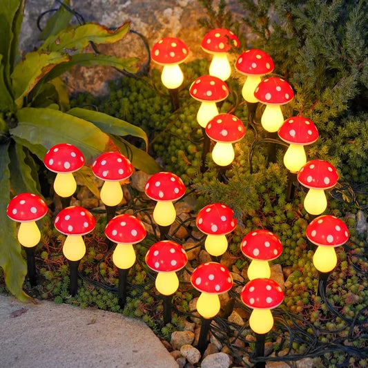 Okal Red East - 20-Piece Solar Mushroom Lights – Outdoor Garden Decor with 8 Lighting Modes for Patio & Pathway